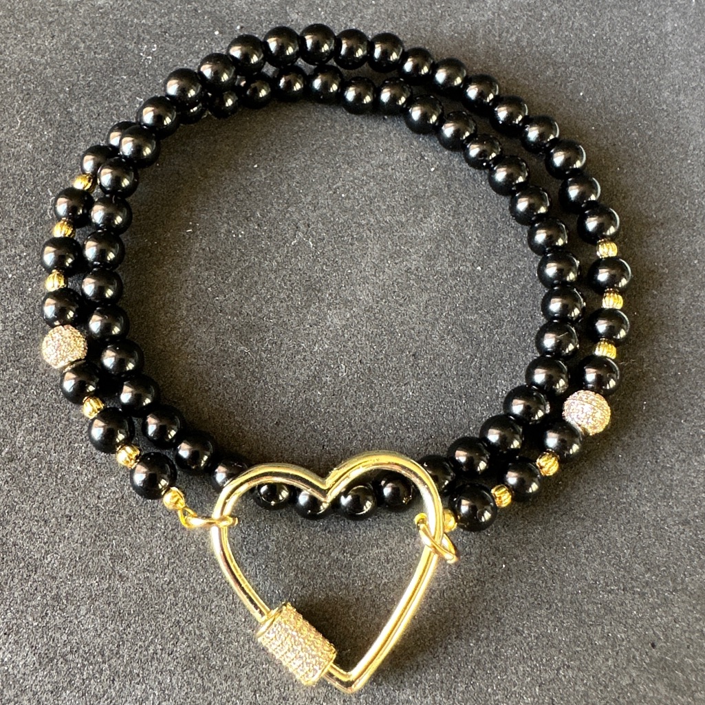 Black Tourmaline Protection Gold Heart Clasp Carabiner Necklace